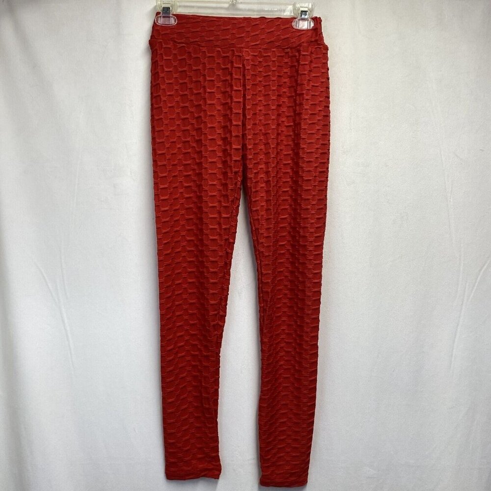 Women Texture Anti-Cellulite Mid-Rise Ruched Butt Yoga-Gym Leggings Medium Red